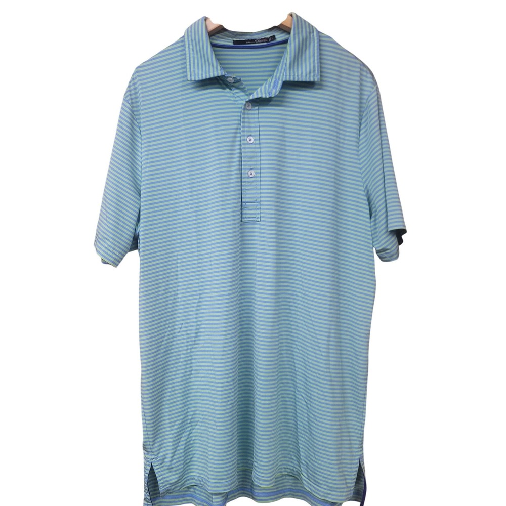 RLX Ralph Lauren Mens Large Green Blue Striped Performance Golfcore Polo Shirt